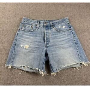 Levis 501 Premium‎ Denim Shorts Women Blue W27 Distressed Raw Hem Cutoff Washed